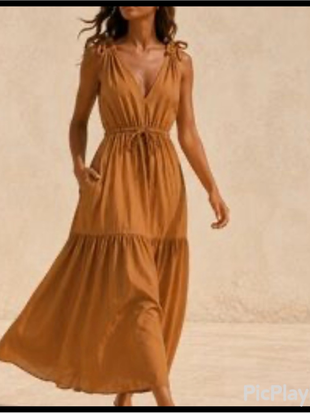 NWT Calvin Klein Women's Tie-Shoulder Maxi Dress in Camel Brown Size 10